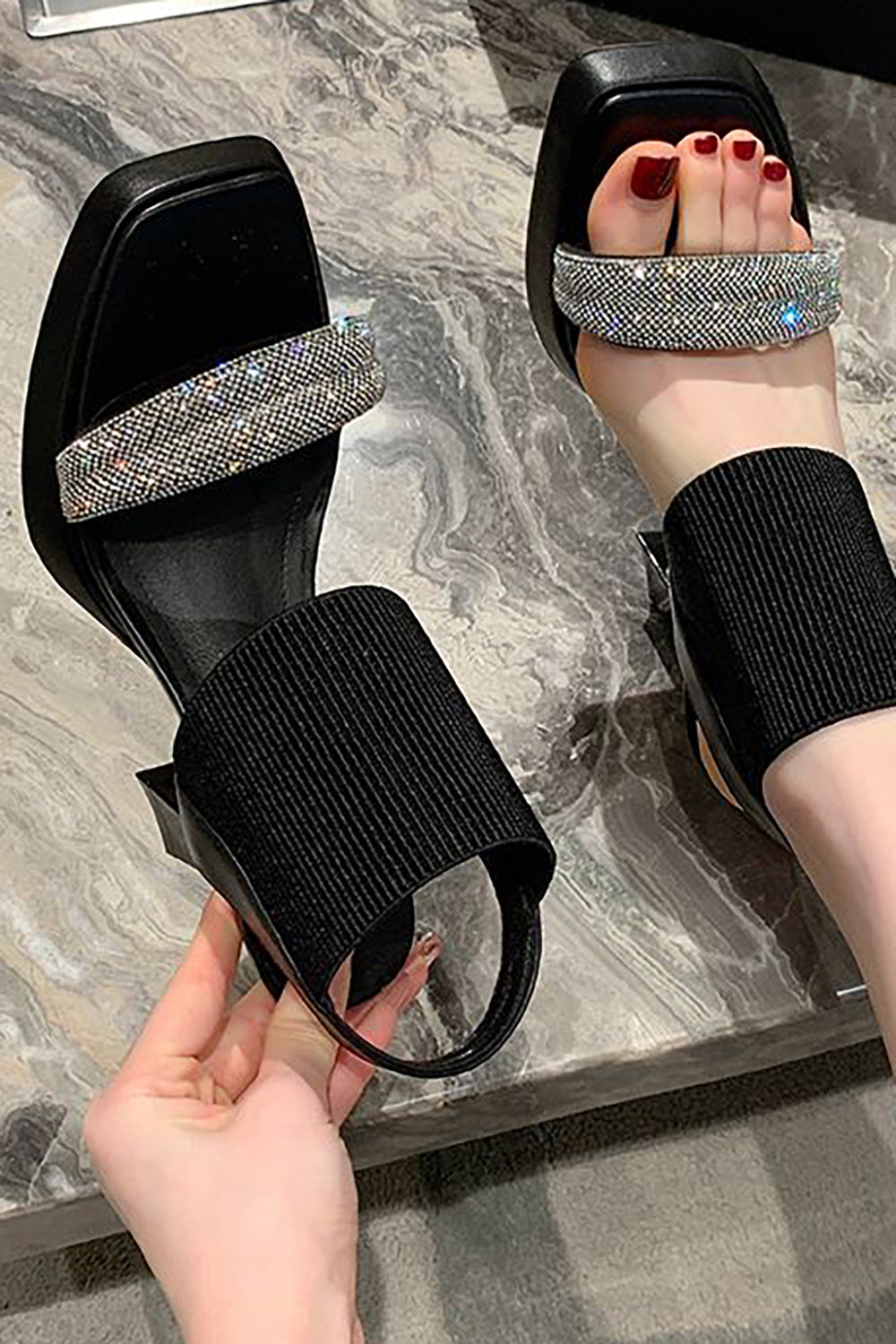 Thick Heel Solid Rhinestone Fish Mouth Elastic Sandals