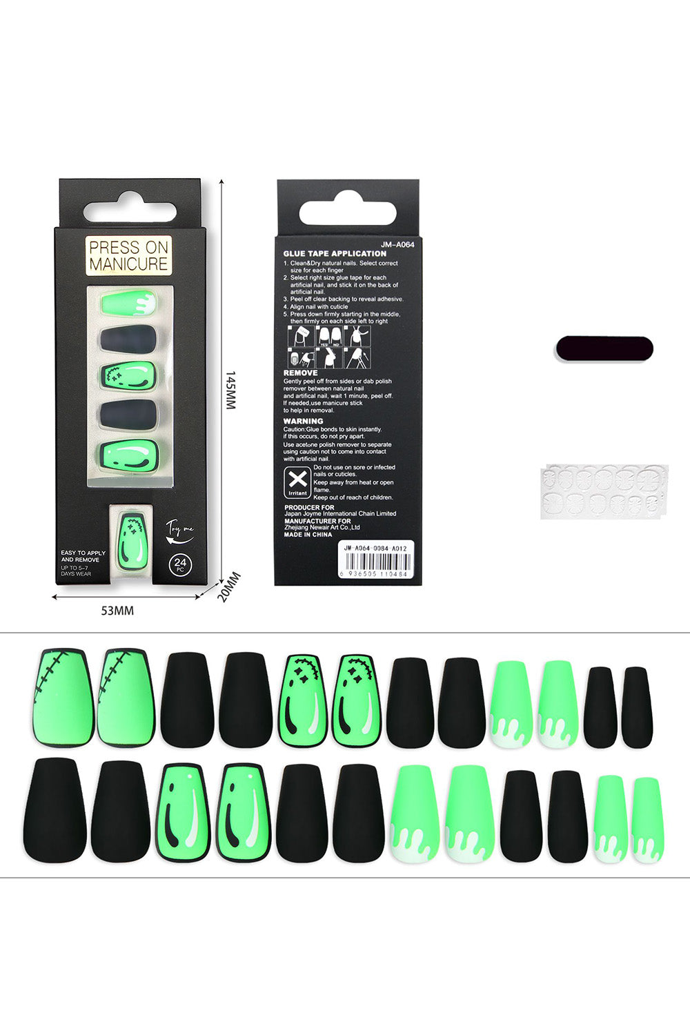 Black Green 24 Pcs Press On Nails False Nail Short Full Cover Fake Nails with Glue
