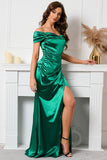 Mermaid Off The Shoulder Green Long Prom Dress with Slit