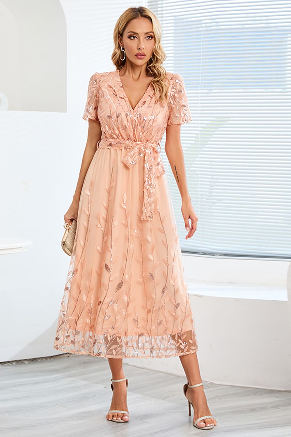 A-Line Blush Casual Dress with Short Sleeves