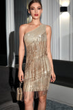 One Shoulder Champagne Homecoming Dress with Fringes
