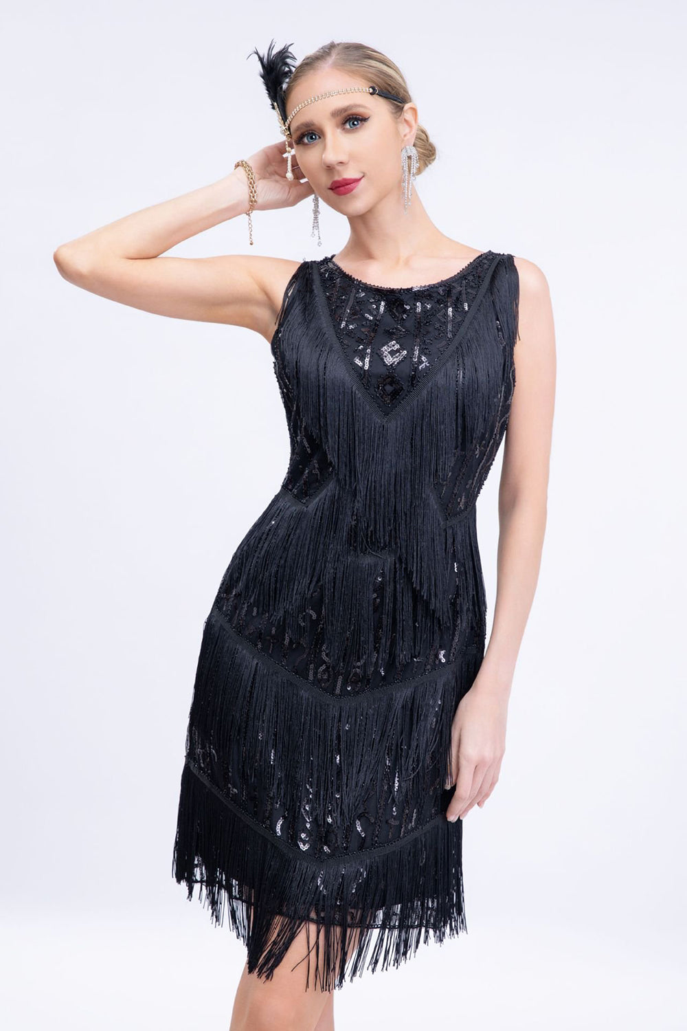 Black Sequins Gatsby Fringed Flapper Dress