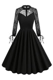 Black A line Long Sleeves 1950s Dress with Lace