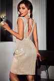 Sparkly Sequin Champagne V-Neck Sleeveless Cocktail Dress With Open Back