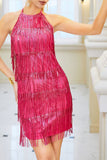 Halter Fuchsia Sparkly Backless Short Cocktail Dress With Fringes