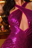 Sparkly Keyhole Backless Fuchsia Party Dress with Slit