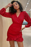 V-Neck Long Sleeves Red Homecoming Dress with Ruffles