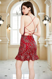 Lace-Up Back Burgundy Cocktail Dress with Appliques