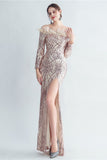 Sparkly Off The Shoulder Sequins Golden Prom Dress with Feathers