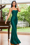 Spaghetti Straps Dark Green Corset Prom Dress with Slit