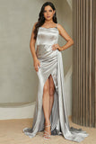 Satin Spaghetti Straps Grey Prom Dress with Slit