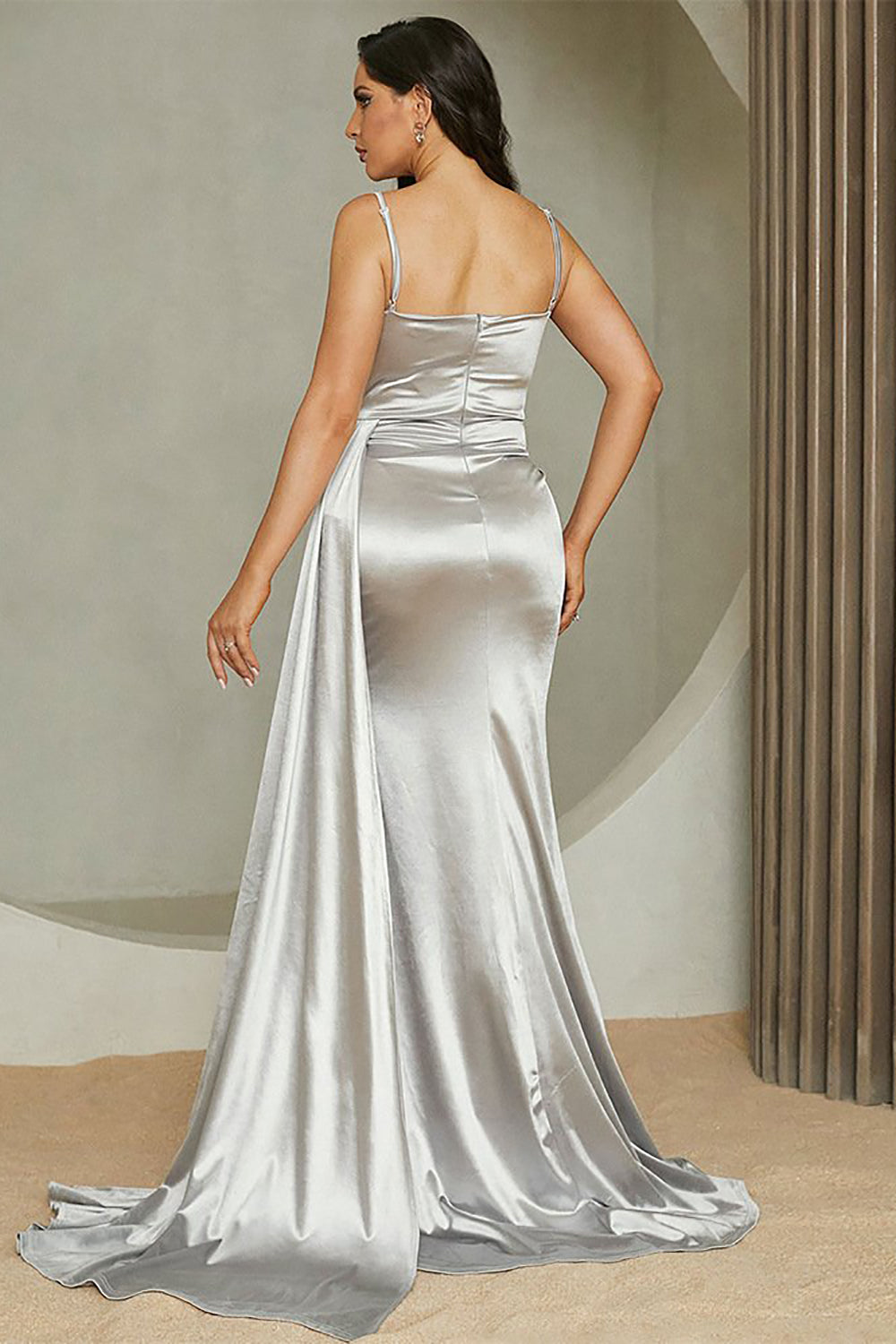 Satin Spaghetti Straps Grey Prom Dress with Slit