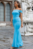 Satin Mermaid Off The Shoulder Blue Prom Dress