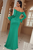 Off The Shoulder Green Long Prom Dress with Slit
