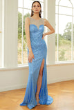 Sparkly Sleeveless Sequins Blue Prom Dress with Slit