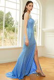 Sparkly Sleeveless Sequins Blue Prom Dress with Slit
