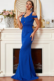 Satin Mermaid Cold Shoulder Royal Blue Prom Dress