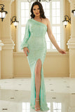 Sparkly One Shoulder Green Long Prom Dress with Split Front