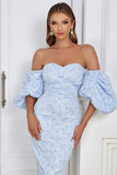 Light Blue Off the Shoulder Puff Sleeves Cocktail Dress With Slit
