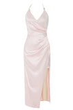 Pink Halter Backless Sleeveless Cocktail Dress With Slit