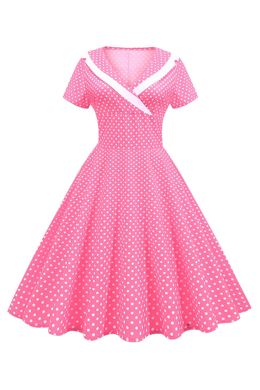 Pink Polka Dots V-Neck Short Sleeves 1950s Dress