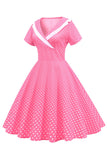 Pink Polka Dots V-Neck Short Sleeves 1950s Dress