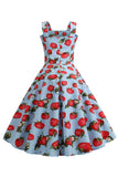 Strawbarries Printed Blue Sleeveless 1950s Dress