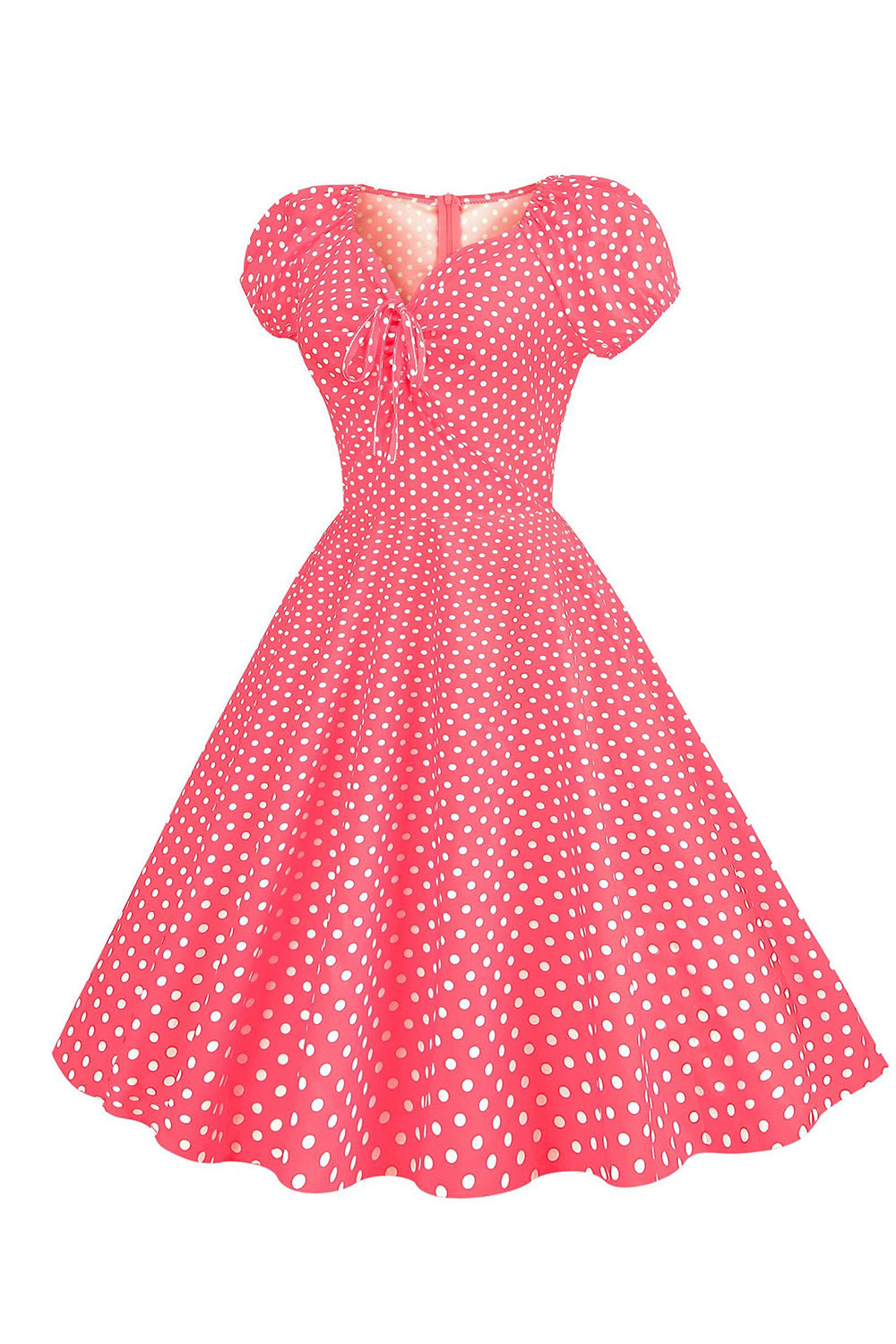 Pink Red Polka Dots Puff Sleeves 1950s Dress