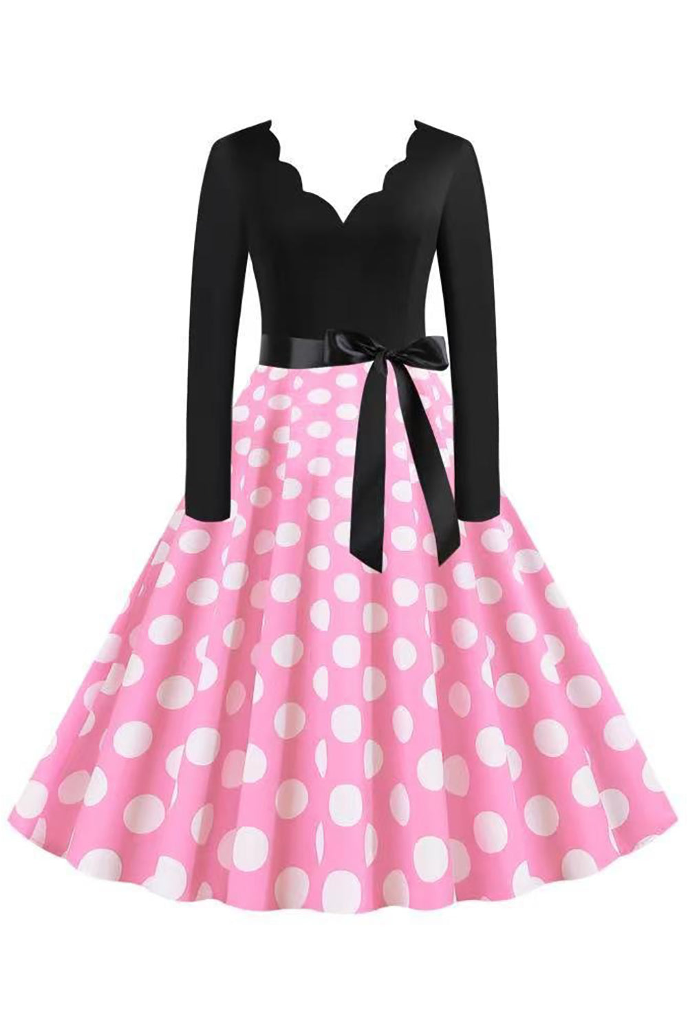 Polka Dots Pink Long Sleeves 1950s Dress