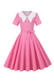 Pink Polka Dot Short Sleeves Peter Pan Vintage Dress