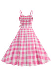Plaid Pink Spaghetti Straps A Line 1950s Dress