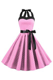 Pink Polka Dots Halter 1950s Dress With Bowknot