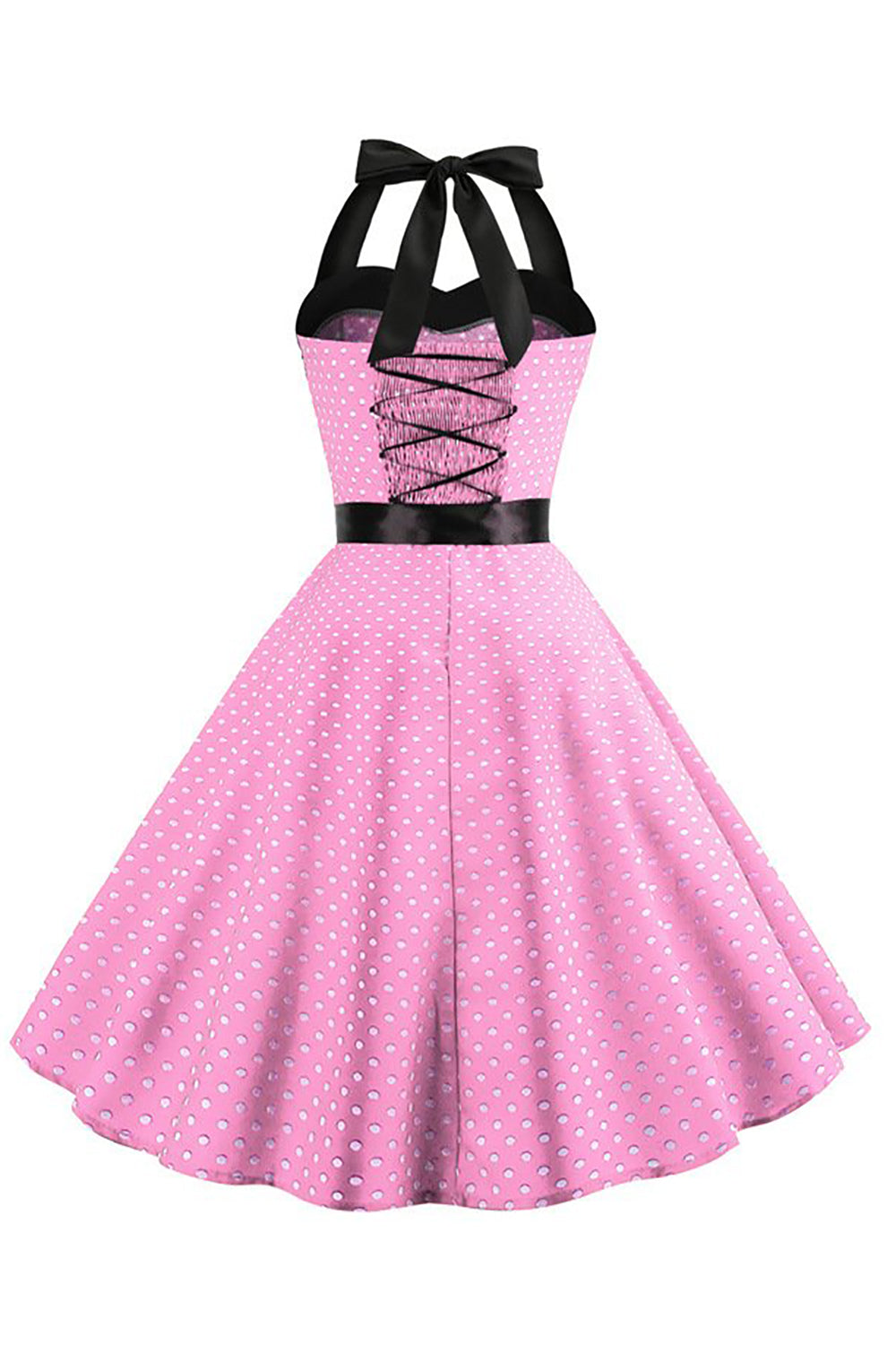 Pink Polka Dots Halter 1950s Dress With Bowknot