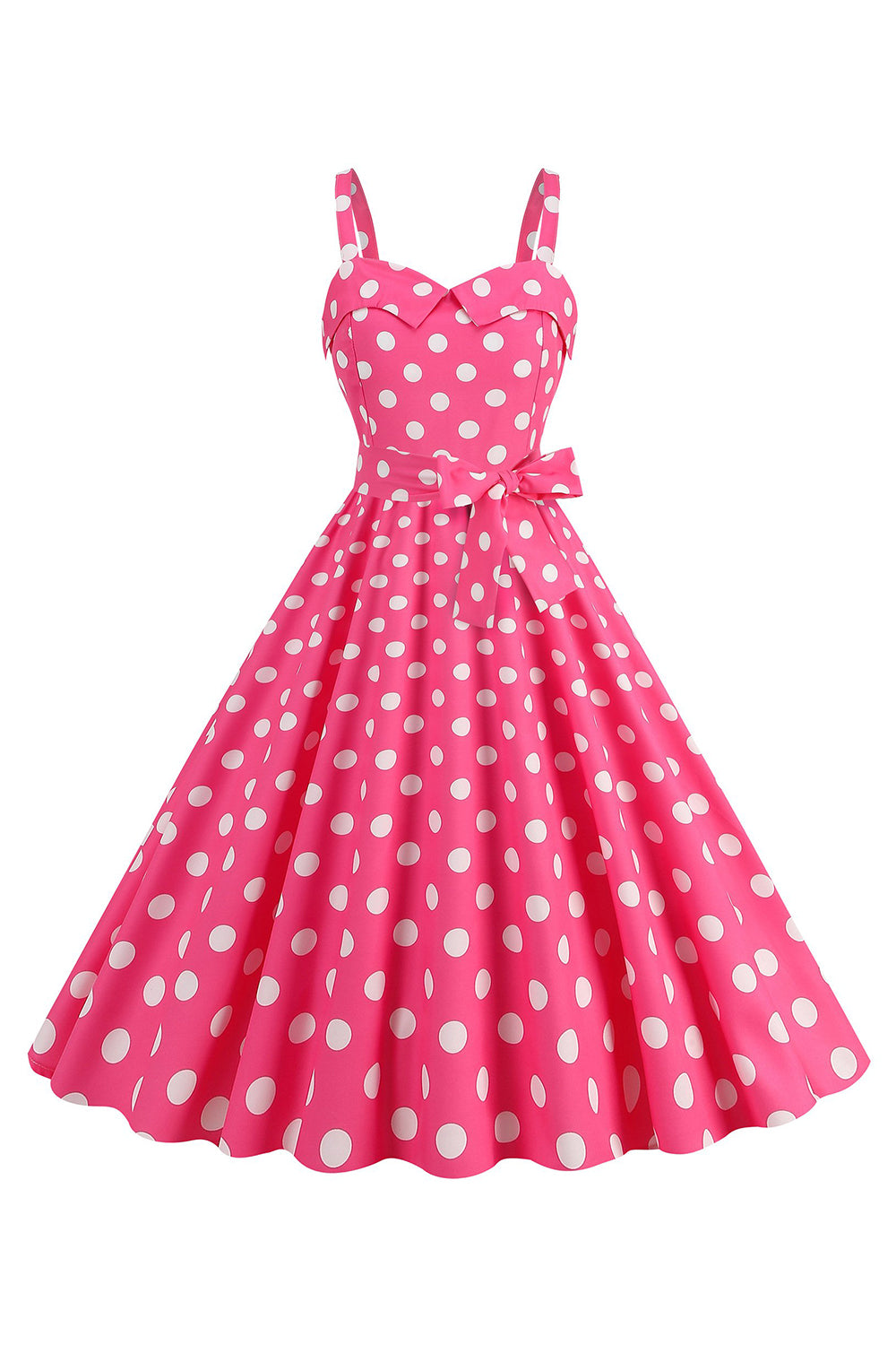 Pink Spaghetti Straps Polka Dots 1950s Dress With Bowknot