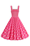 Pink Polka Dots A Line Smocked 1950s Dress