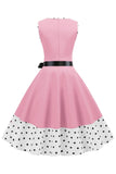 Pink Polka Dots Sleeveless 1950s Dress With Bowknot