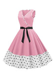 Pink Polka Dots Sleeveless 1950s Dress With Bowknot