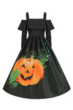 Halloween Pumpkin Printed Black Cold Shoulder VIntage Dress