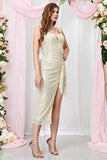 Sequined Apricot Sheath Sleeveless Party Dress With Slit