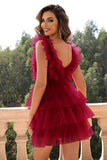 Red Deep V Neck Open Back Short Homecoming Dress With Ruffles