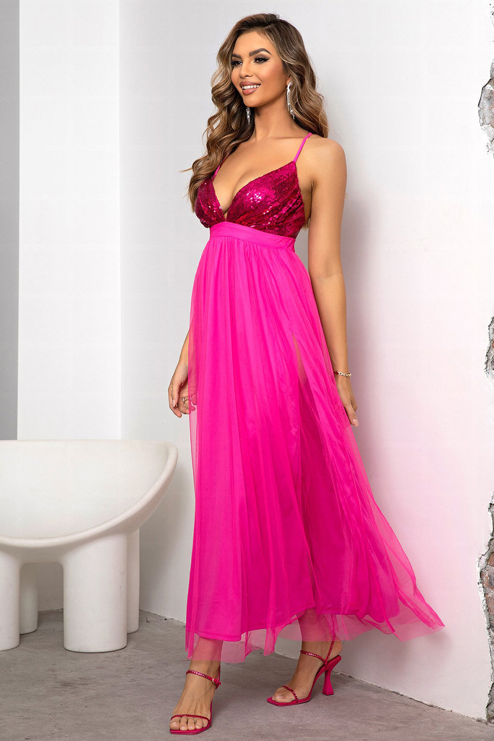 Fuchsia Deep V Neck A Line Sparkly Long Prom Dress With Slit