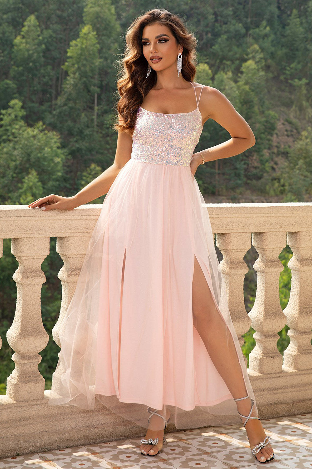 Light Pink Spaghetti Straps Sequined Tulle Prom Dress