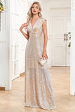 Champagne Sleeveless V-Neck A Line Sparkly Prom Dress