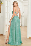 Sparkly Green Sapghetti Straps Long Prom Dress With Slit