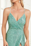 Sparkly Green Sapghetti Straps Long Prom Dress With Slit
