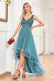 High Low Burgundy Sparkly Sequin V-Neck Prom Dress