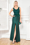 Dark Green Sleeveless Sheath Long Prom Dress With Appliques