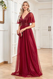 A Line Burgundy Sparkly V-Neck Long Prom Dress