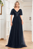 A Line Burgundy Sparkly V-Neck Long Prom Dress