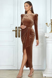 Long Brown Long Sleeves Round Neck Bodycon Party Dress